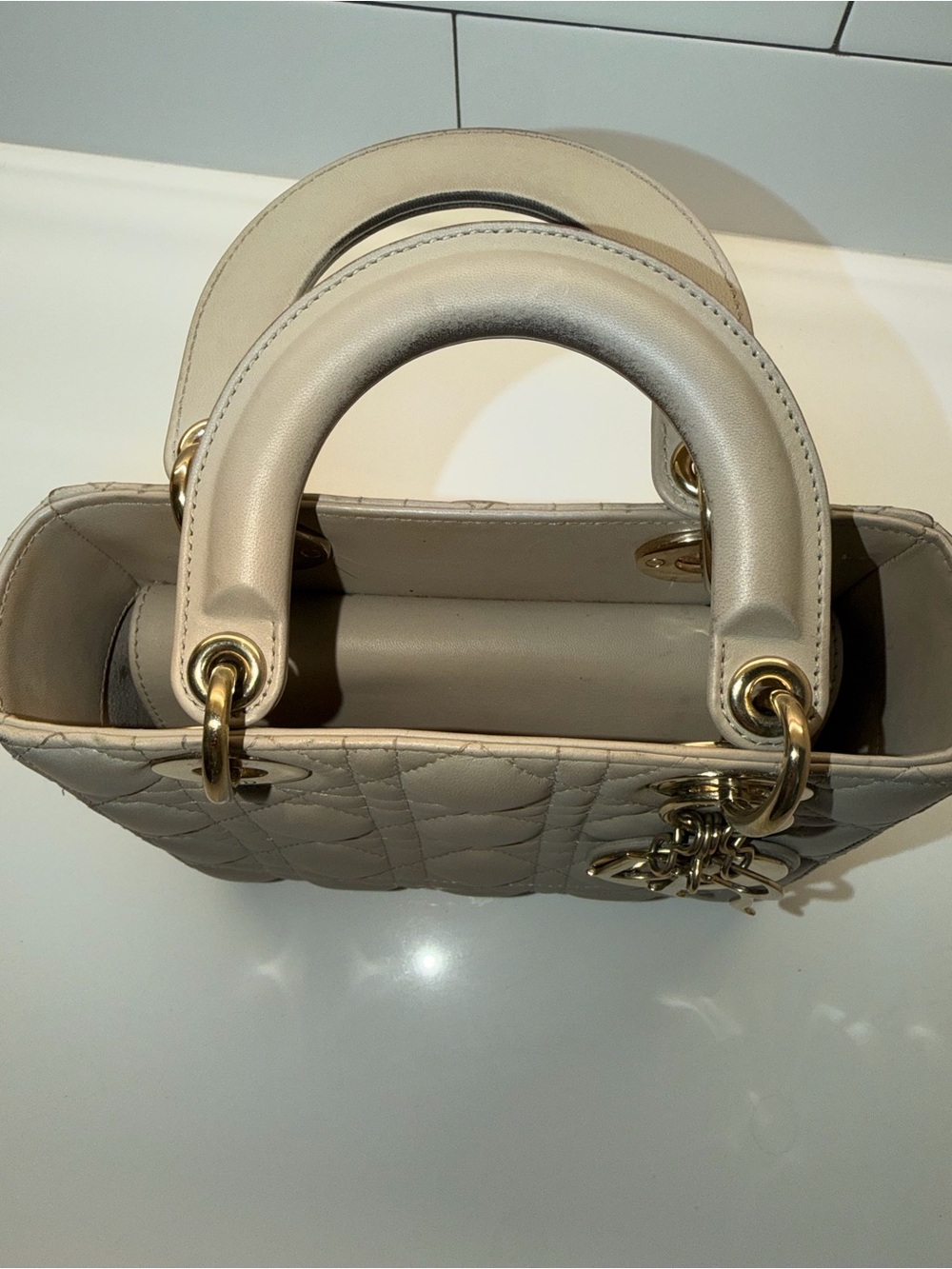 Dior Beige Quilted Lady Dior Medium Top-Handle Bag with Gold Hardware - Picture 4 of 14